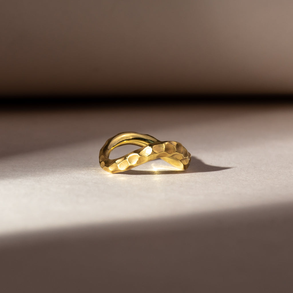 Textured, sculptural yellow gold wave wedding band ring 