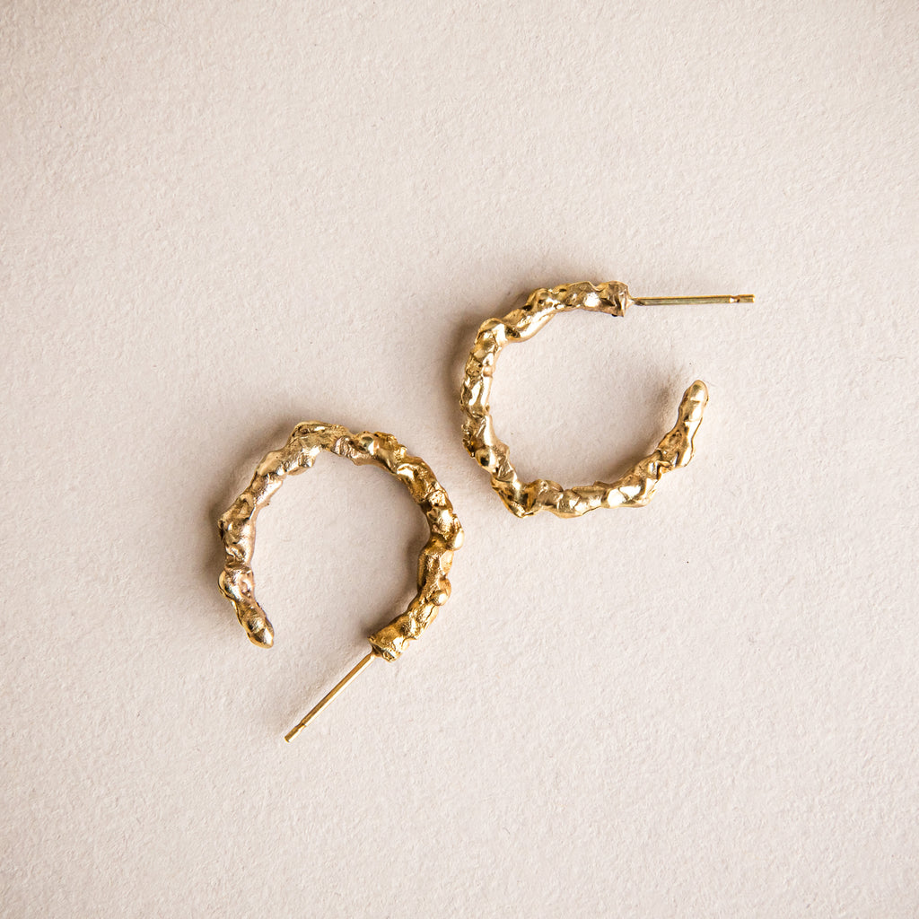 Textured, organic and sculptural 18ct yellow gold loop earrings