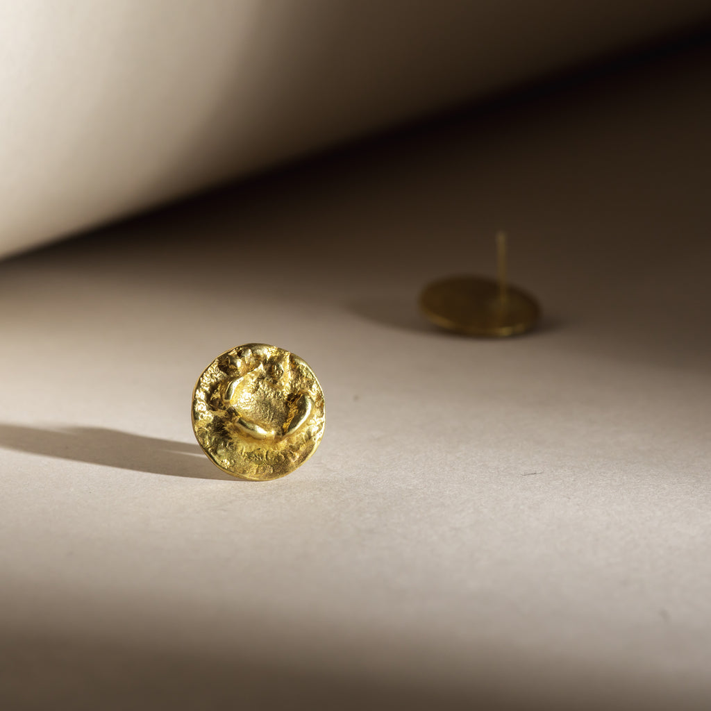 Yellow gold textured, sculptural and organic moon stud earrings