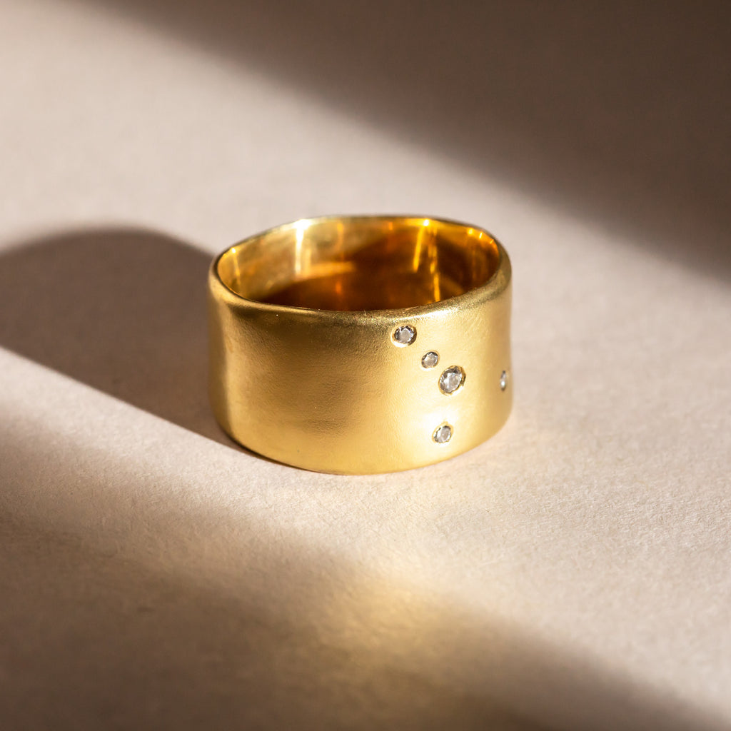 18ct brushed yellow gold and diamond Cancer zodiac ring