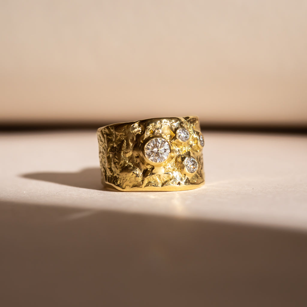 Sculptural chunky solid gold diamond ring 