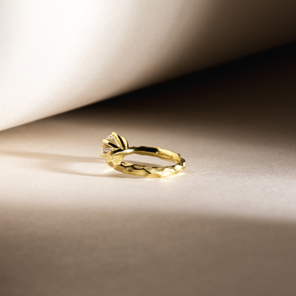 Sculptural, unique, alternative ethical engagement ring in 18ct Fairtrade yellow gold