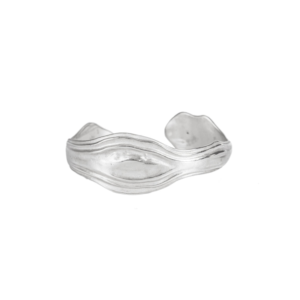 Recycled sterling silver cuff bangle with polished silver ripples